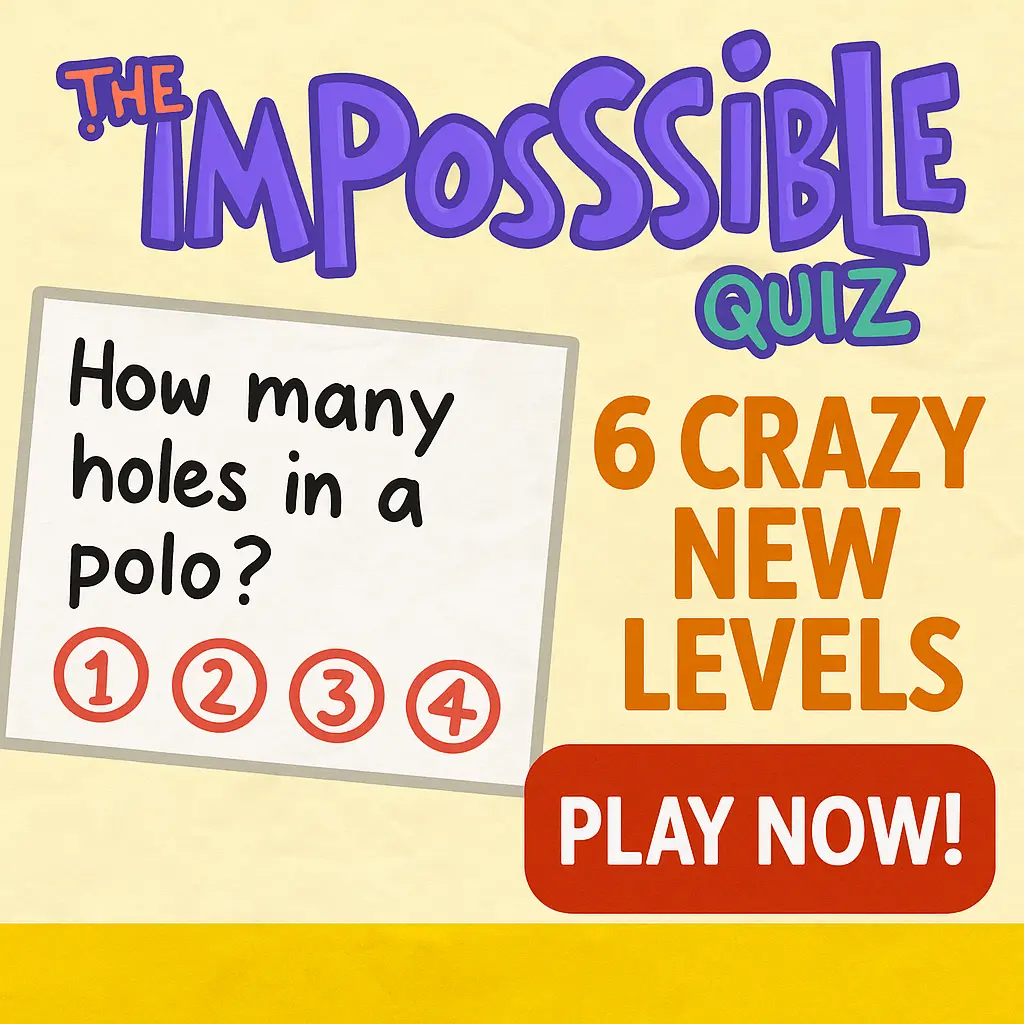 Zoomed-in image from The Impossible Quiz highlighting crazy new levels, bold colors, and an energetic “Play Now” call to action.