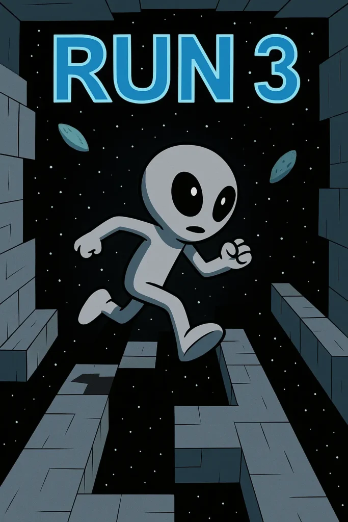 2D illustration of a gray alien running through a floating space tunnel in Run 3, with cosmic background and “Play Now!” text, 2025 edition.