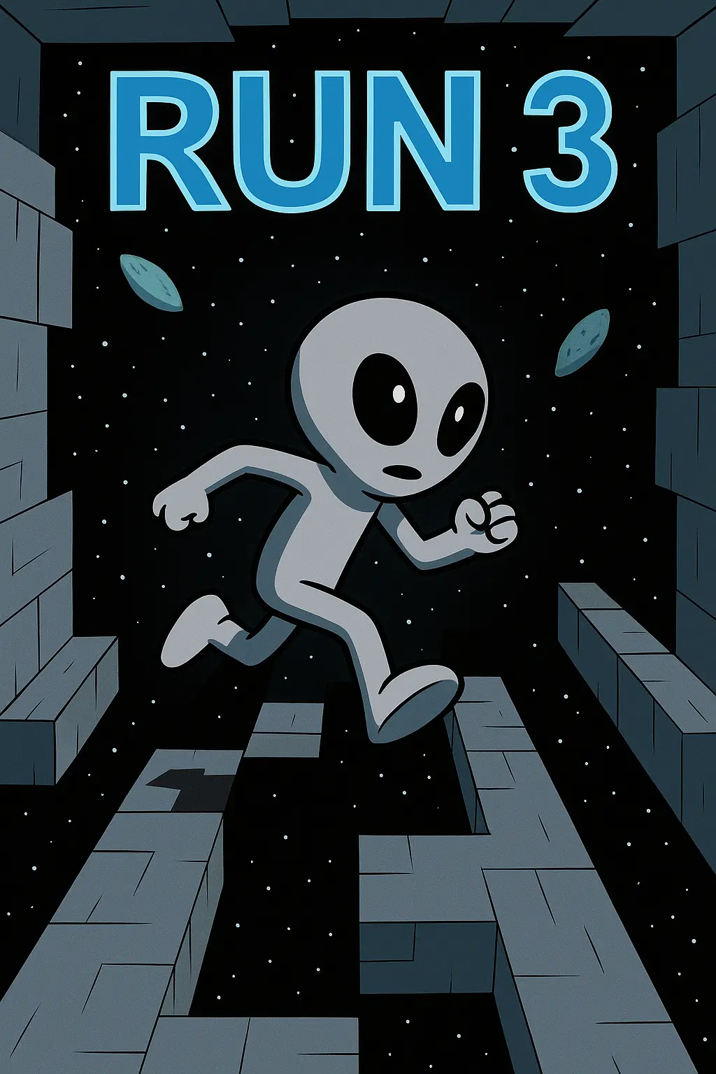2D illustration of a gray alien running through a floating space tunnel in Run 3, with cosmic background and “Play Now!” text, 2025 edition.