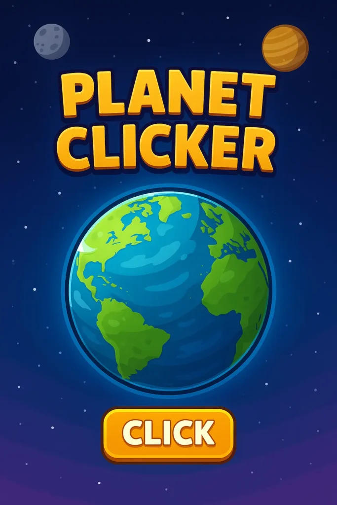 Colorful 2D illustration of the Planet Clicker game interface showing Earth, space background, and a bright "CLICK" button—Play Now in 2025!