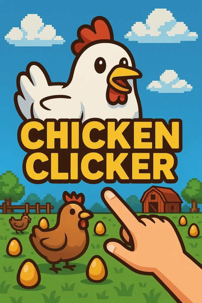 Pixel art of Chicken Clicker game featuring chickens, eggs, farm background, and clicking hand. Addictive idle gameplay for 2025. Play Now!