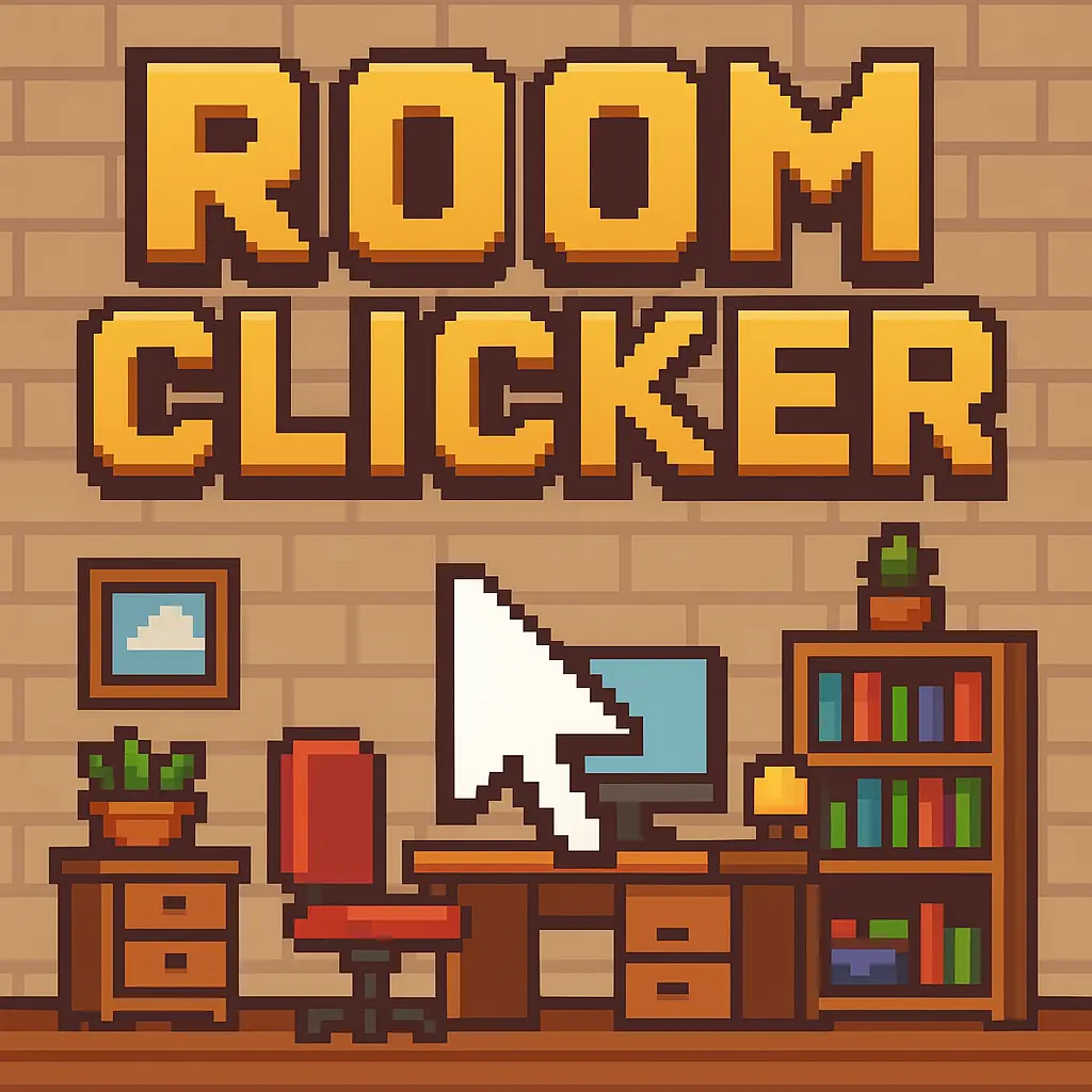 Pixel art title screen of Room Clicker, a 2025 idle game featuring a customizable retro workspace with cozy decor. Play Now!