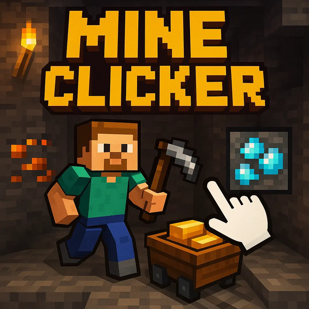 Pixel art of a character mining gold and diamonds in "Mine Clicker" with a pickaxe and minecart.