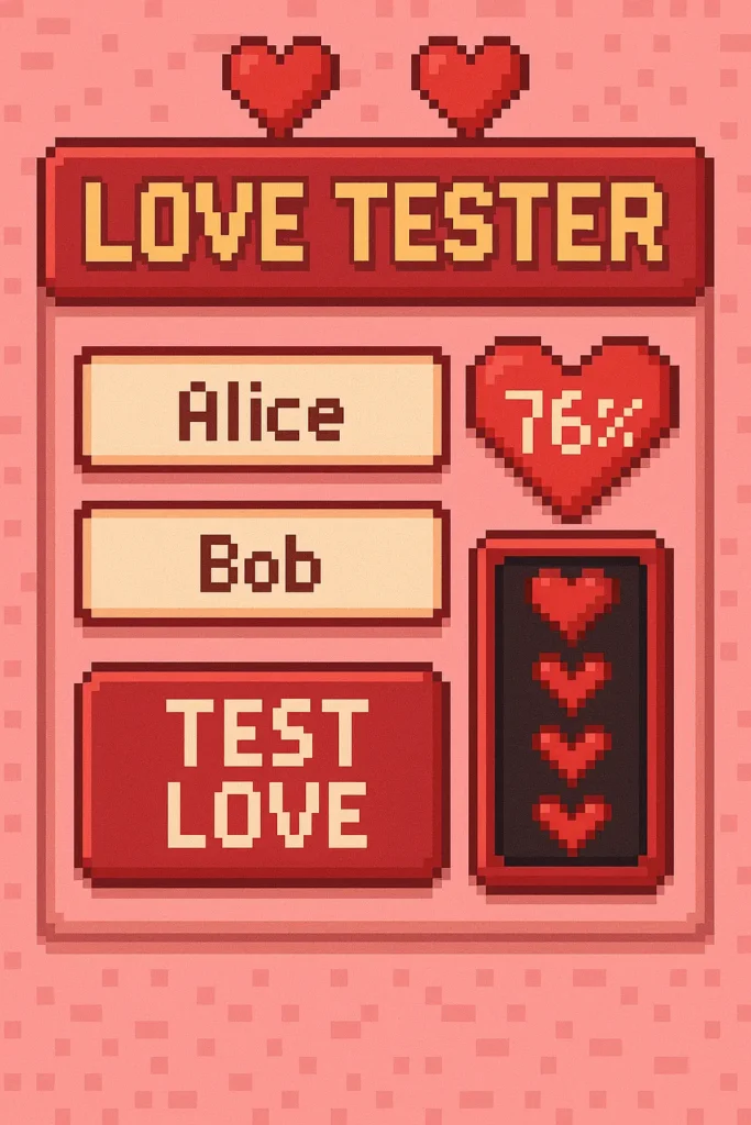 Pixel art interface of a Love Tester game with names, heart score, and a "Test Love" button on a pink background.