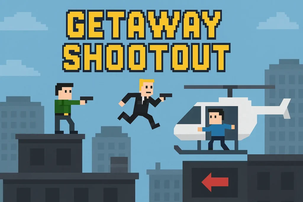 Pixel art of two characters racing and shooting in a chaotic platform arena from the game Getaway Shootout.