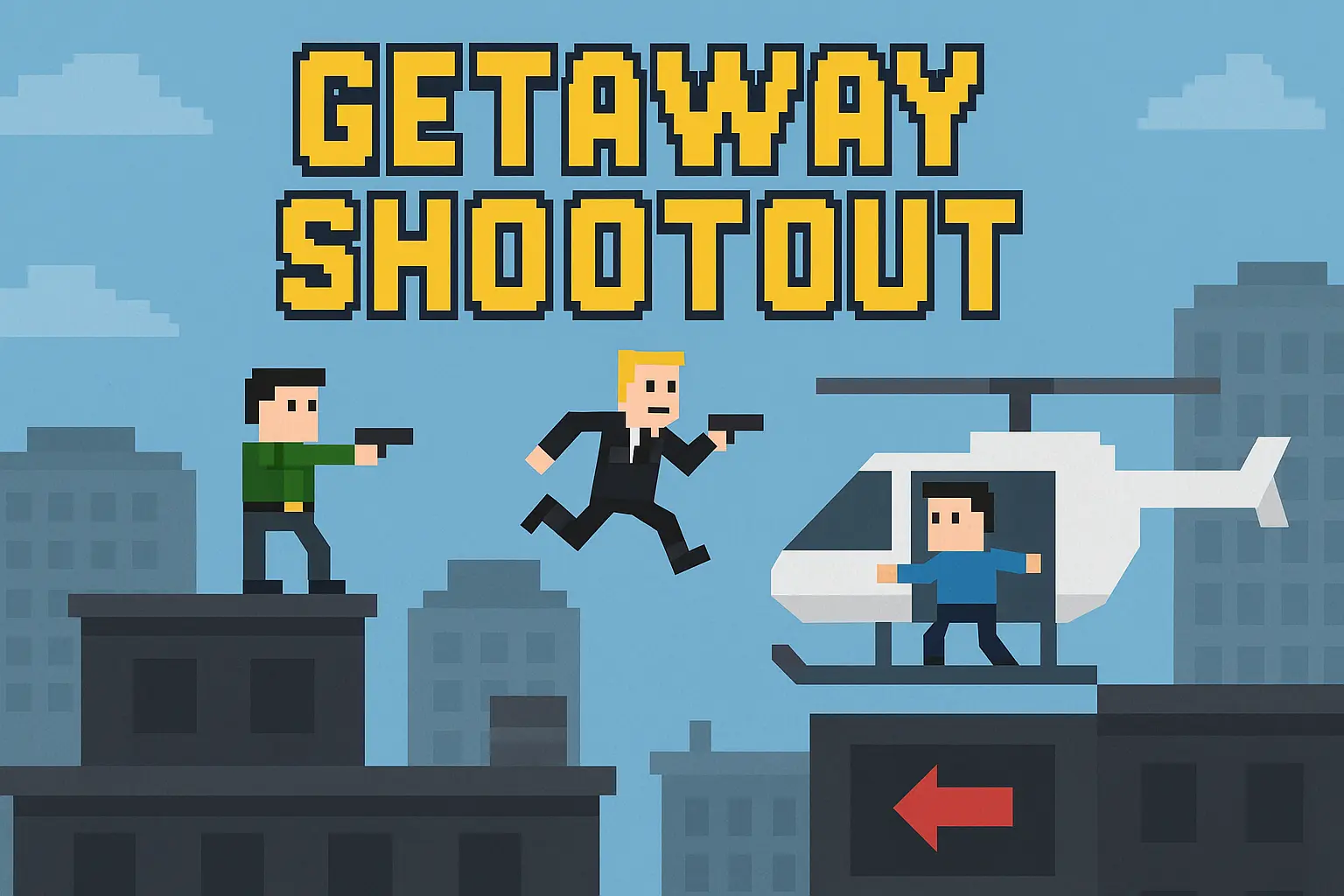 Pixel art of two characters racing and shooting in a chaotic platform arena from the game Getaway Shootout.