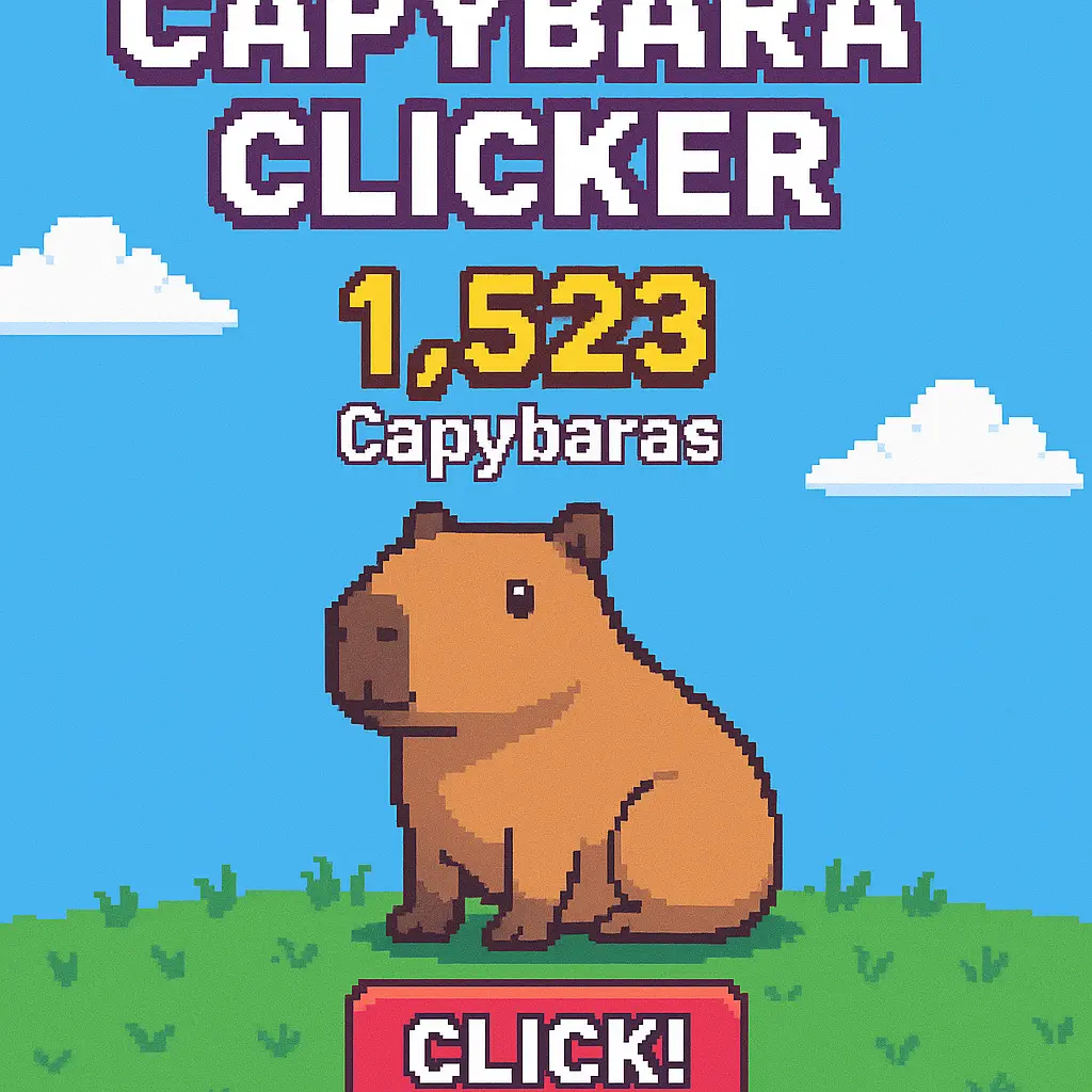 Pixel art of a capybara sitting on grass with a blue sky background, featuring a large "CLICK!" button and capybara count in the game Capybara Clicker.