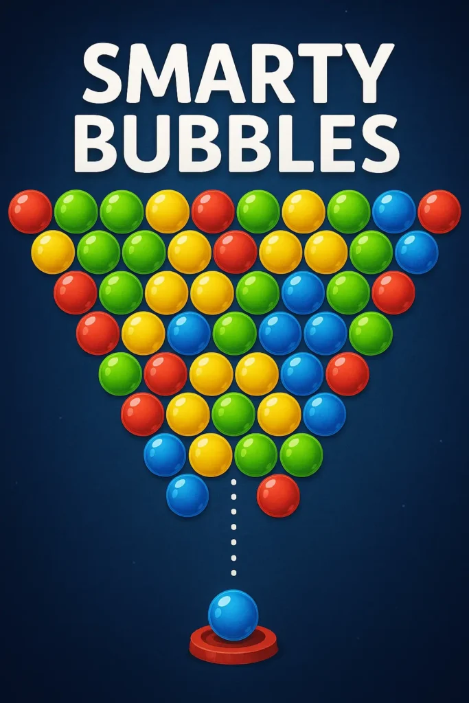 Colorful bubble shooter game screen featuring the title "Smarty Bubbles" and a cluster of red, green, yellow, and blue bubbles against a dark blue background.