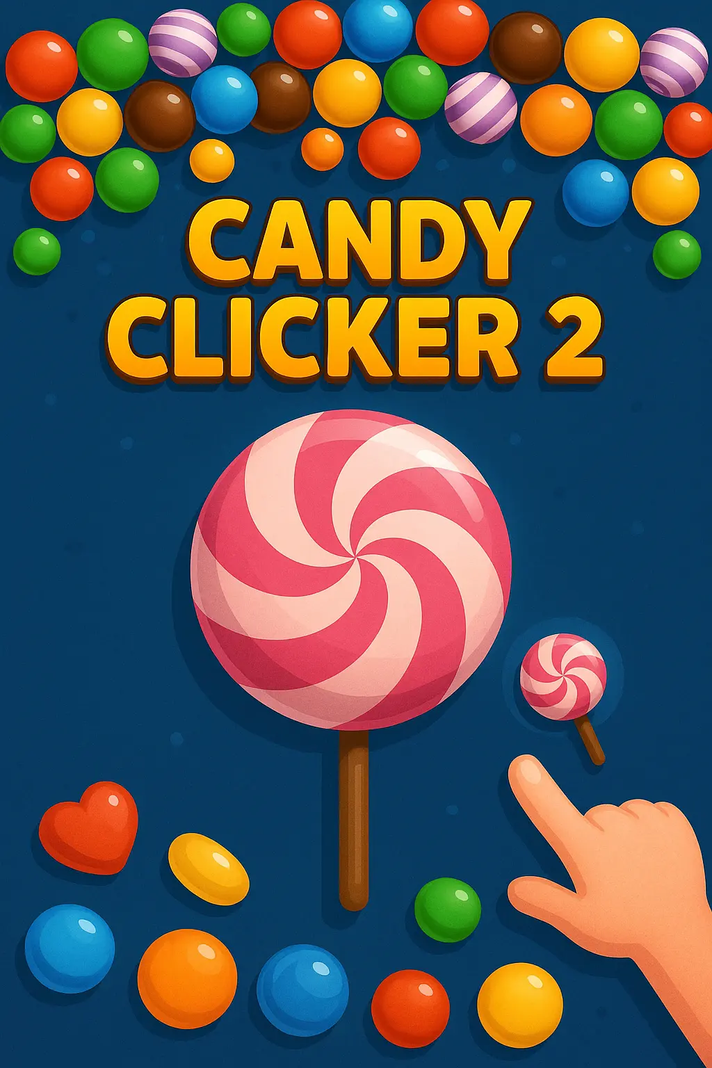 Colorful candy-themed idle clicker game screen showing candy generators, upgrades, and candy counters in Candy Clicker 2.