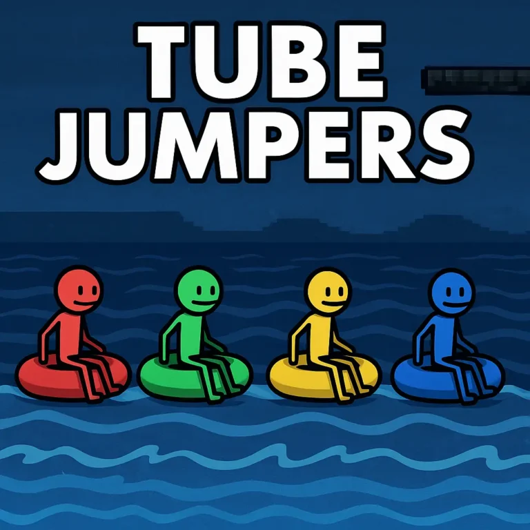 Four colorful stick figure characters riding red, green, yellow, and blue tubes across wavy blue water with the title "Tube Jumpers" above them in bold white letters.