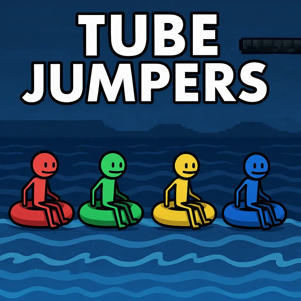 Four colorful stick figure characters riding red, green, yellow, and blue tubes across wavy blue water with the title "Tube Jumpers" above them in bold white letters.