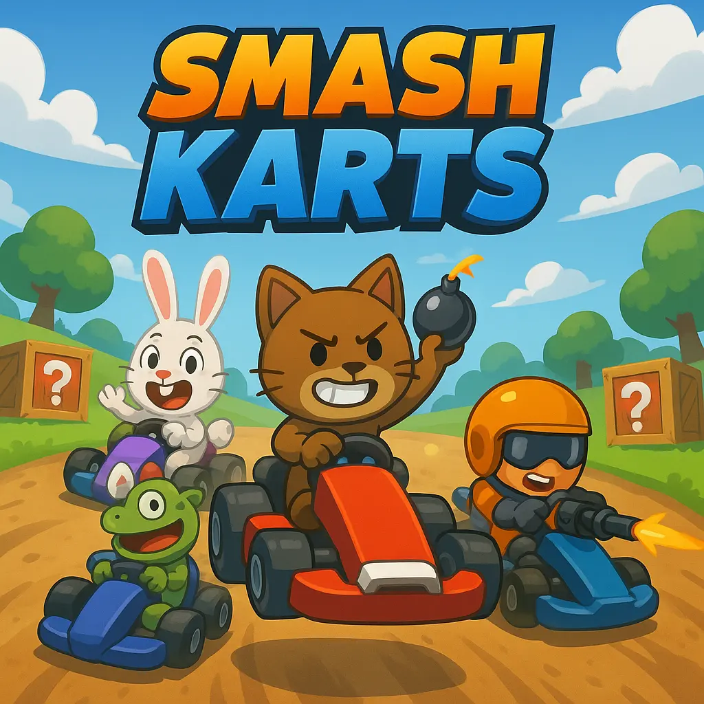Colorful 2D artwork of Smash Karts characters racing on a dirt track, featuring weapons, vibrant karts, and fun cartoon chaos. Play Now in 2025!