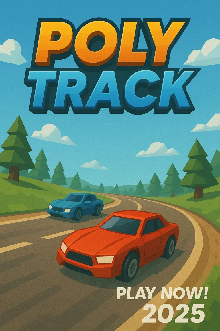 A colorful low-poly racing scene from Poly Track showing vibrant cars on a winding road with scenic trees, bold 3D title, and "Play Now! 2025" callout.